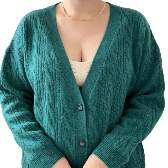 NWOT Garnet Hill Dark Teal Green 100% Cashmere Cable Knit Cardigan Sz L - Picture 5 of 10